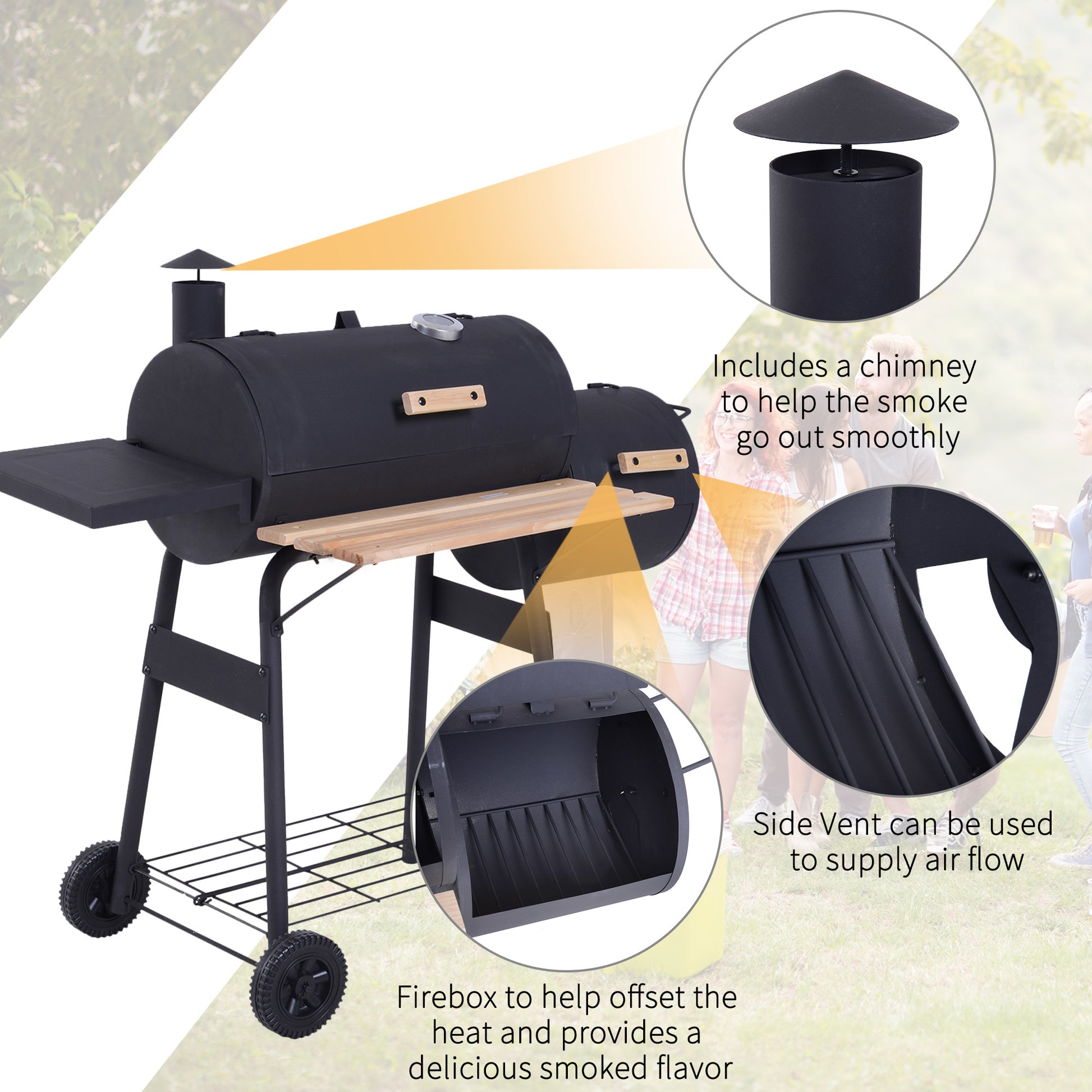 Outsunny 48" Steel Portable Backyard Charcoal Bbq Grill And Offset Smoker Combo With Wheels Black Steel