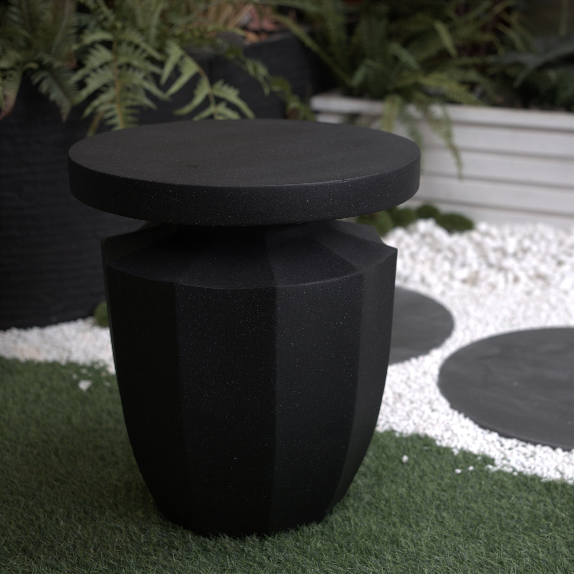 Decorative Garden End Table, 20.3" H Modern Heavy Duty Patio Sturdy Faux Terrazzo Accent Table Side Table Plant Table For Indoor Outdoor Black Magnesium Oxide