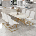 Table And Chair Set.Modern Luxurious Tempered Glass Dining Table Set With Gold Metal Legs And 6 Pu Chairs.White Marble Patterned Sticker Tabletop,White Chairs With Gold Metal Legs. White Gold Seats