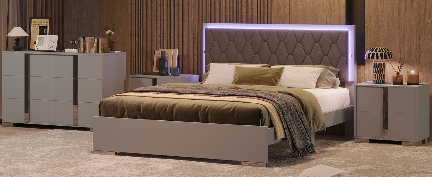 4 Pieces Bedroom Sets Queen Size Upholstered Bed With Led Lights, Mirrored Nightstands And Dresser With Metal Handles And Legs,Grey Queen Grey 4 Piece Set Solid Wood Mdf