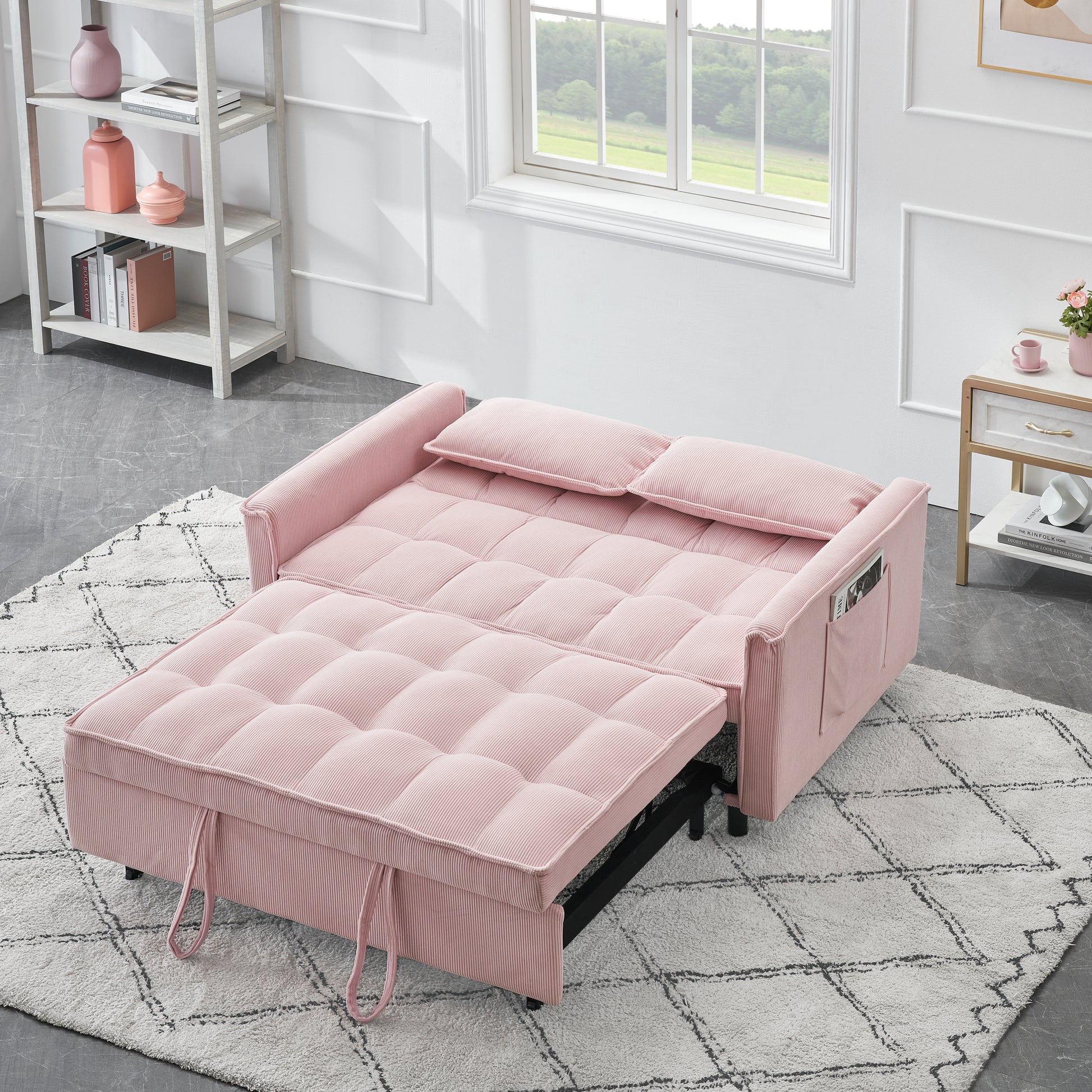 Folding Sofa Bed With Adjustable Back Access To Sofa Recliner Single Bed Adult Modern Chair Bed ,Pink Pink Corduroy 2 Seat