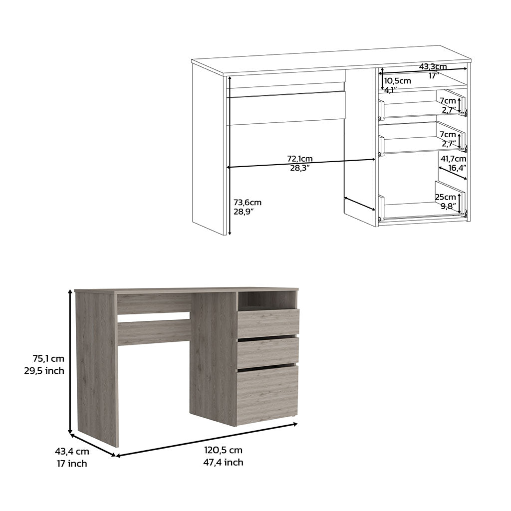 Computer Desk, 3 Drawers, One Shelf, Light Gray Gray Particle Board Particle Board