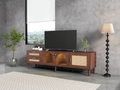 Rattan Tv Stand With 3 Cabinets & 2 Drawers, Rattan Inspired Media Console Table For Tvs Up To 80'', Led Light Entertainment Center, Tv Cabinet For Living Room, Bedroom, Home Theatre Dark Brown