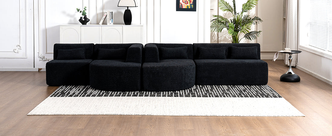 143.7" Upholstered Sofa Free Combined Sofa Couch With Two Chaise Lounge And Five Back Pillows For Living Room, Black Black Foam Polyester 5 Seat