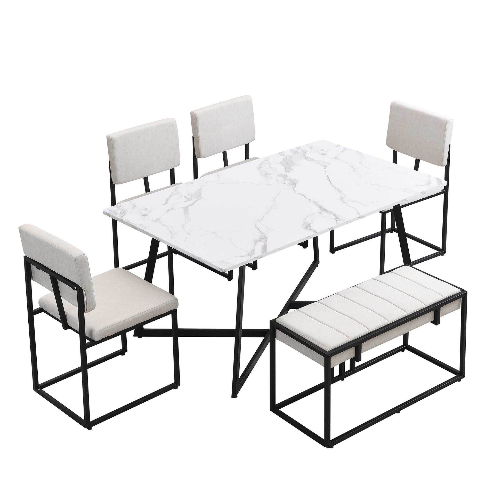 Modern Faux Marble 6 Piece Dining Table Set,60Inch Metal Kitchen Table Set With Upholstered Dining Chairs And Bench, Black Metal Dining Room Bench Seating Rectangular Dining Table With Chair And Bench Metal Wood Black Seats 6 60 Inches Farmhouse Trestle