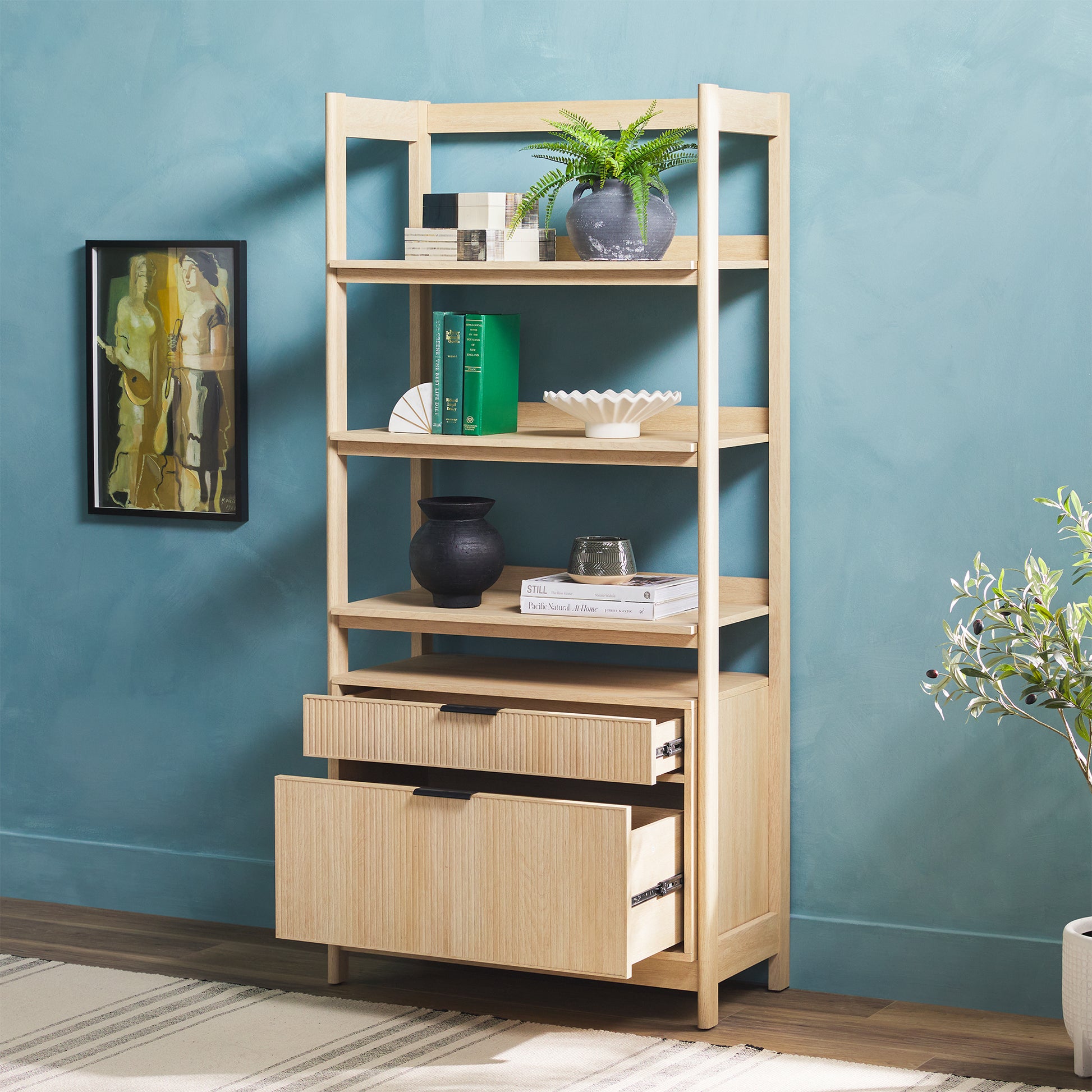 Transitional Wide Reeded Bookshelf With Drawers On Bottom Oak Oak Mdf Mdf