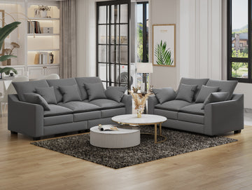 2 Pieces Sofa Couch 3 Seater And Loveseat With Pillows Polyester Upholstered Duck Down Filled Cushion Sofa Set For Living Room Apartment,Grey Grey Polyester Wood Primary Living Space Soft Cushion Back Foam Polyester 5 Seat