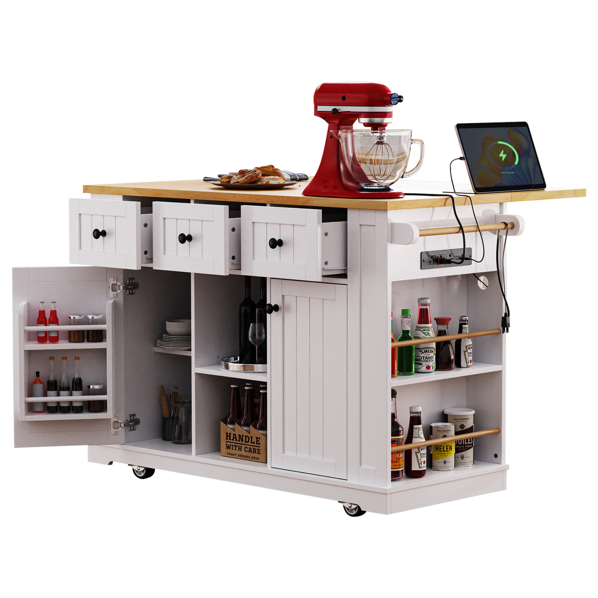 K&K 53Inch Large Kitchen Island With Drop Leaf, Power Outlet, Door Internal Storage Rack, Rolling Kitchen Cart On 5 Wheels With 5 Open Side Racks For Kitchen, Dining Room,White Not Include Bar