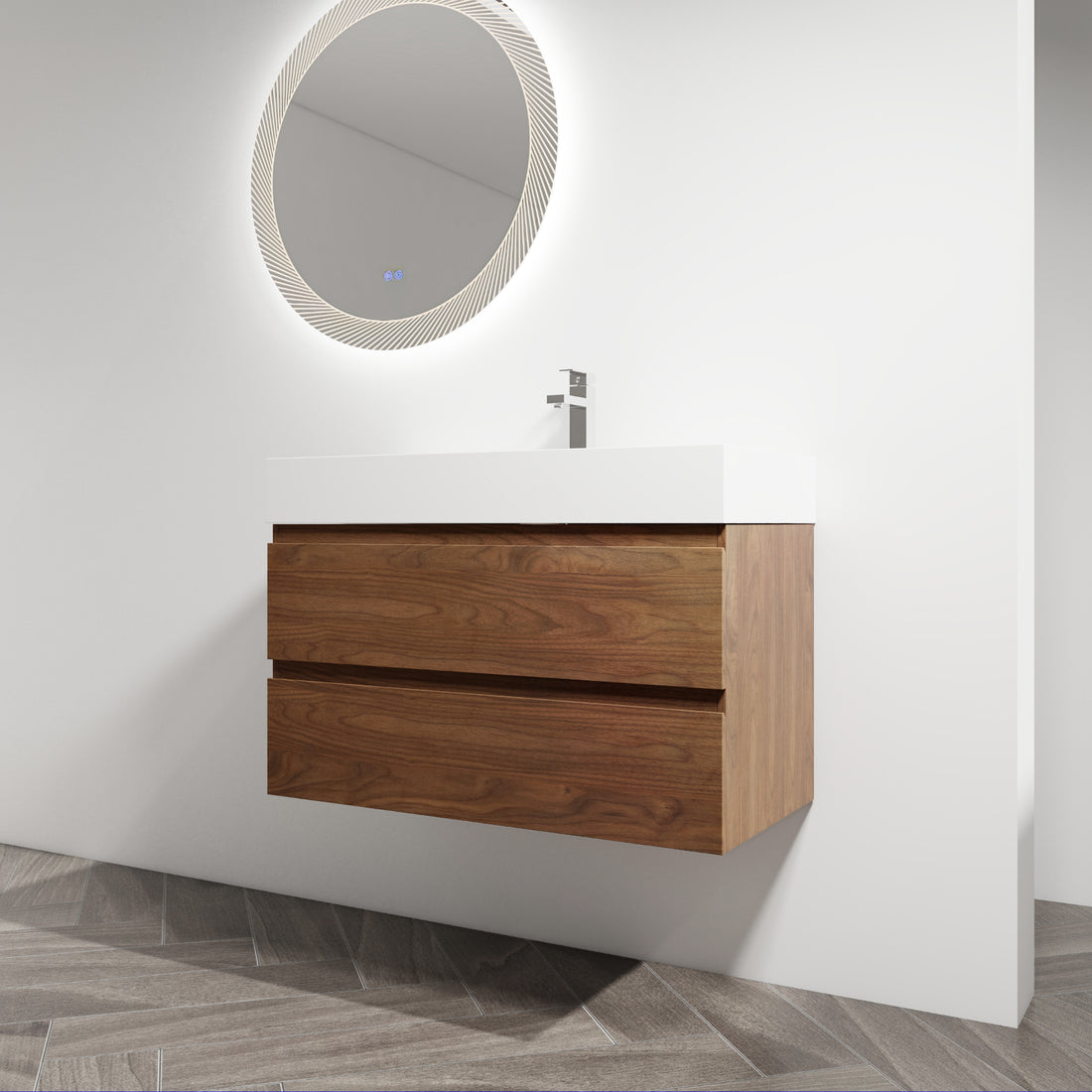 36" Wall Mounted Bathroom Vanity With Resin Sink, 2 Soft Close Drawers, Kd Package 2 Brown Oak Bathroom Wall Mounted Modern Plywood