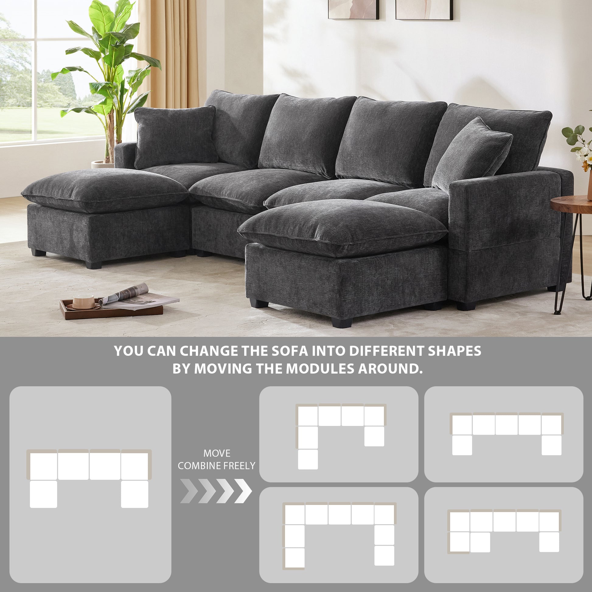 110*57" Modern U Shape Modular Sofa, 6 Seat Chenille Sectional Couch Set With 2 Pillows Included, Freely Combinable Indoor Funiture For Living Room, Apartment, Office, 2 Colors Black Grey Chenille 6 Seat