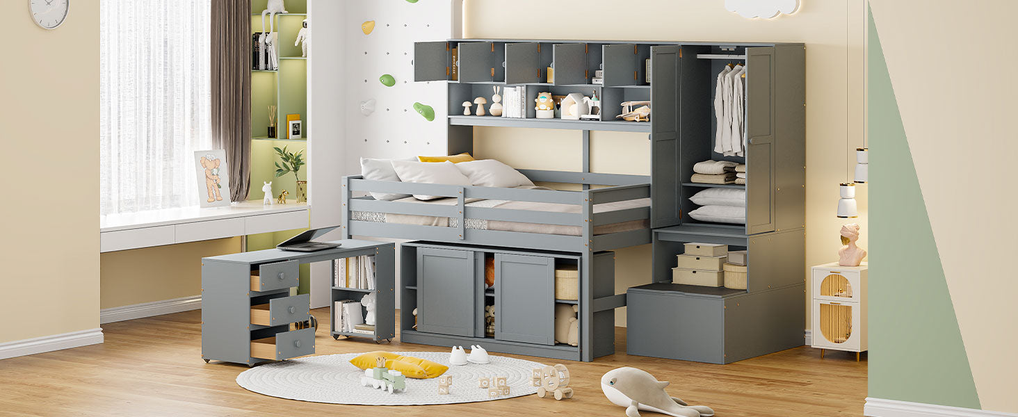 Full Size Wooden Loft Bed Big Storage With Under Bed Desk, With Drawers, With Shelves, Gray Full Gray Plywood