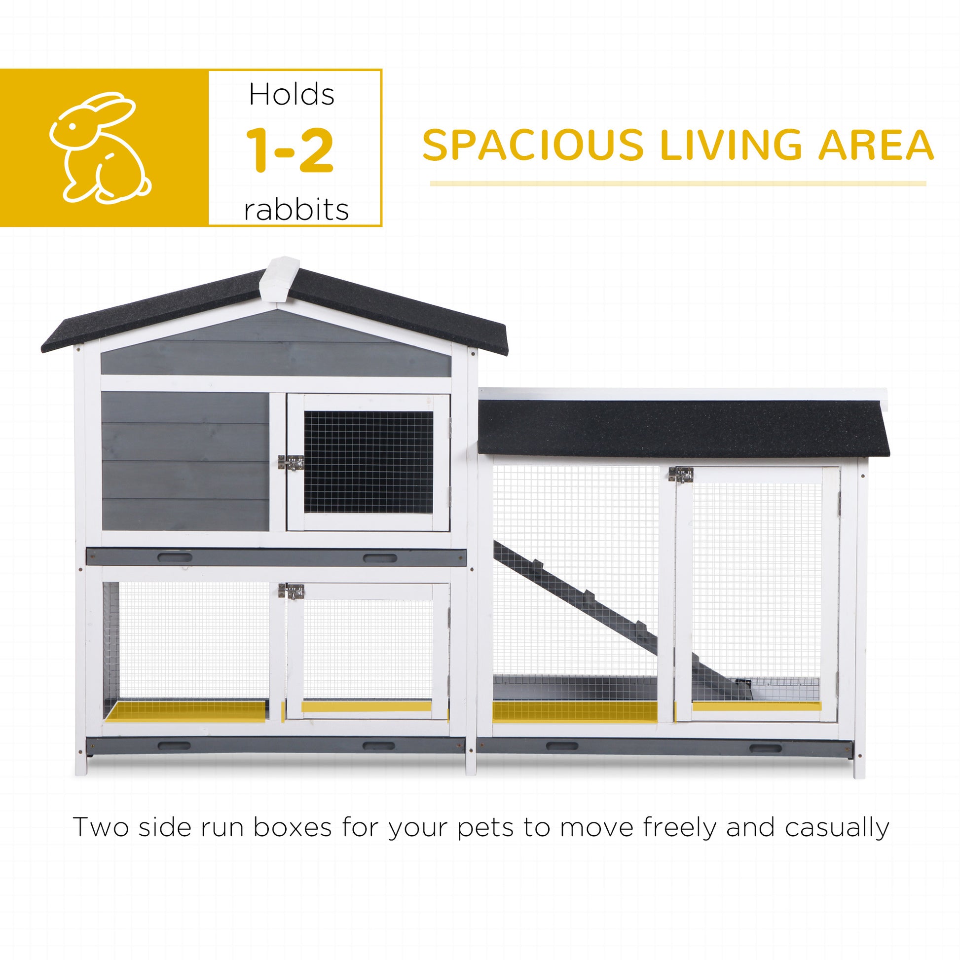 Pawhut 62" Rabbit Hutch, Wooden Bunny Hutch, Guinea Pig Cage, Small Animal Enclosure With Run Area, Removable Tray, Asphalt Roof, Lockable Doors And Ramp, Gray Grey Wood