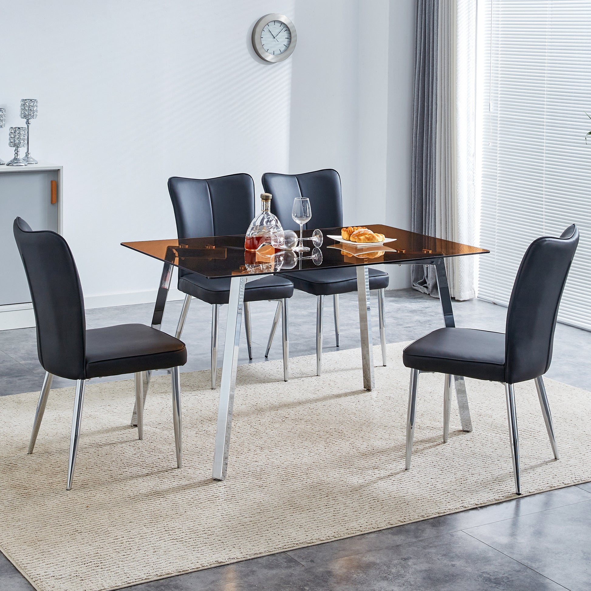 Table And Chair Set. Large Modern Rectangular Table With Brown Glass Top And Silver Metal Legs. It Comes With Soft And Comfortable Pu Seats, Faux Leather Upholstered Seats And Silver Metal Legs. Black,Brown Seats 4 Glass Metal