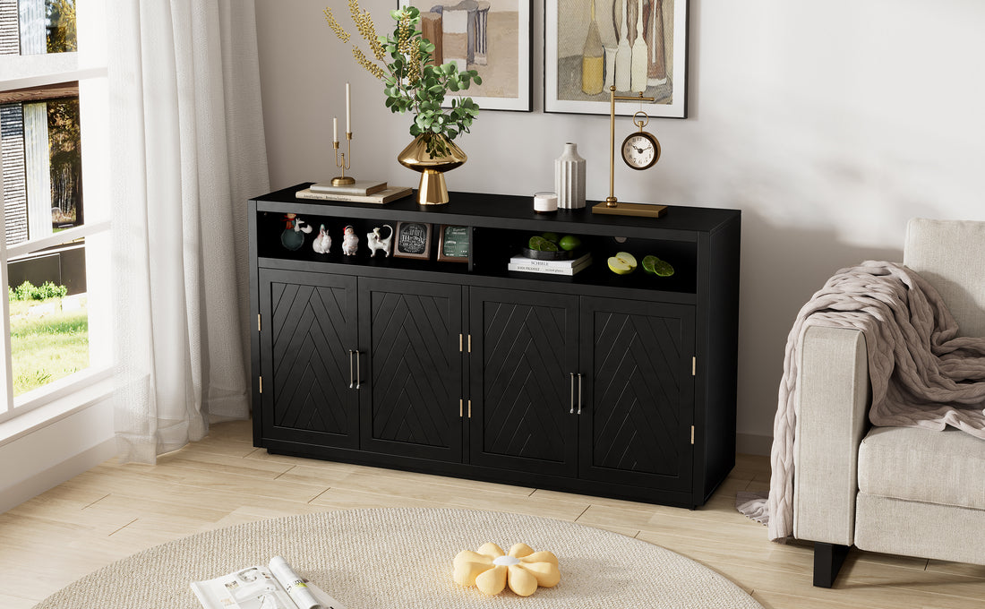 4 Door Classic Sideboard With Open Storage And Adjustable Shelves Perfect For Kitchens, Living Rooms Black Black Mdf