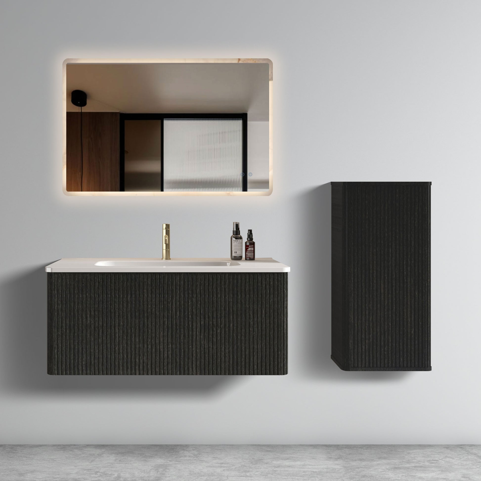 U058 Etna36W 308 Etna 36" Striped Brushed Black Oak Floating Bathroom Vanity With White Ceramic Sink, Bathroom Vanity For Modern Bathroom, Pre Assembled Black Melamine
