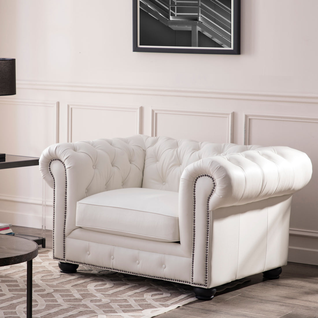 Traditional Tufted Leather Chesterfield Chair White Leather