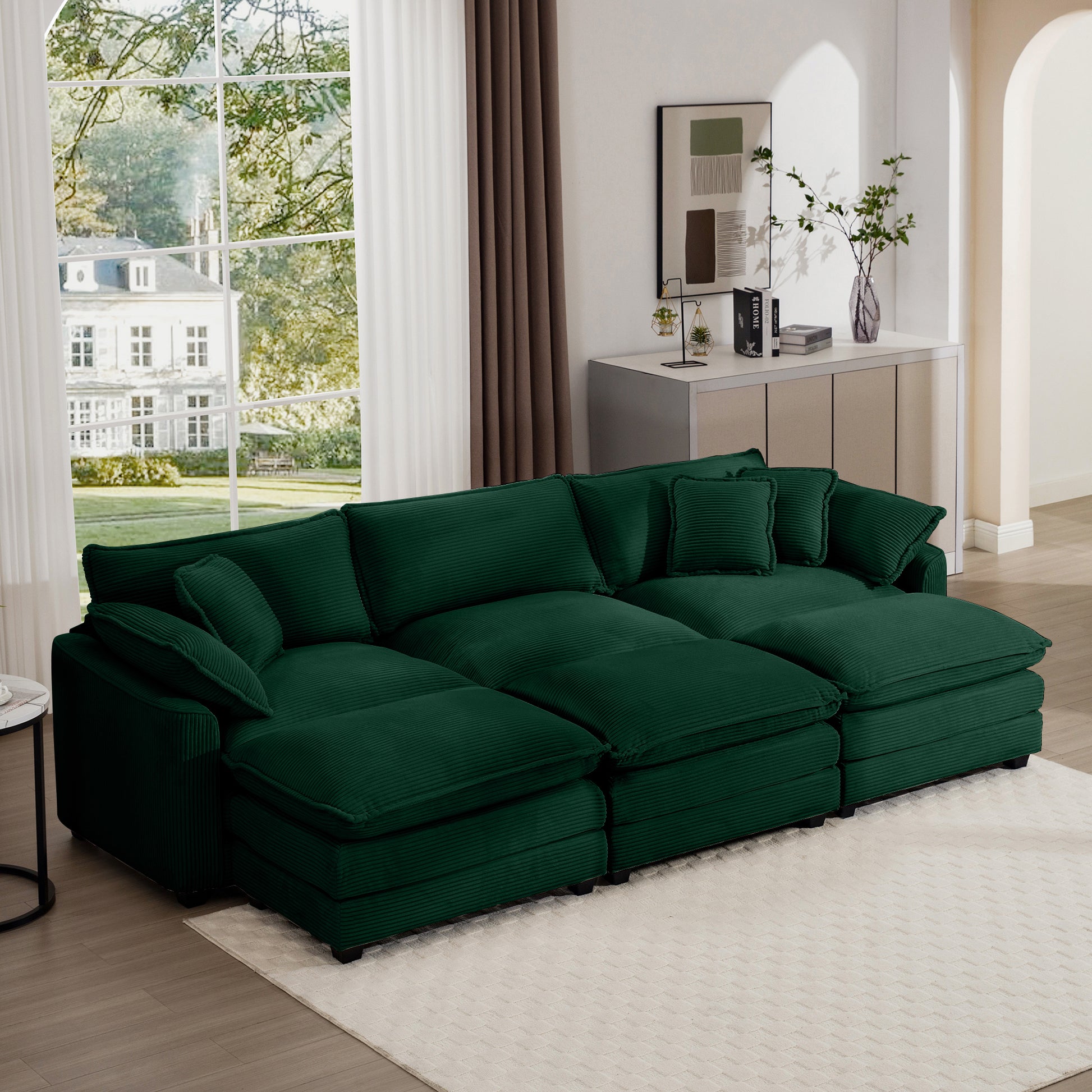 Oversized Modular Cushion Sofa, Portable Ottoman, L Shaped Corner Low Back Deep Seating Spacious Sofa Setfor Home Apartment Living Room Set, Green Corduroy Green Corduroy 3 Seat