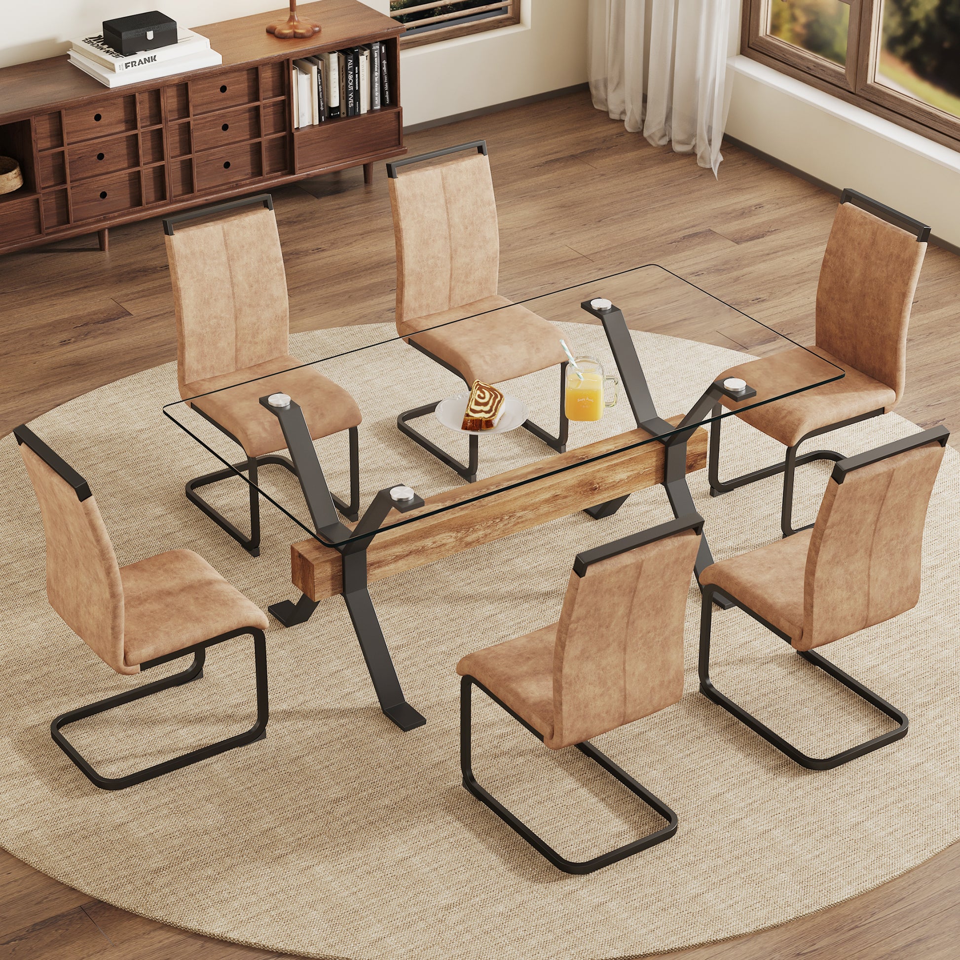 Dining Table. Modern Tempered Glass Dining Table. Large Modern Office Desk With Black Metal Legs And Mdf Crossbars, Suitable For Home And Office Use. 6 High End Cushioned Seats.F1105 C 1162 Transparent Mdf Glass