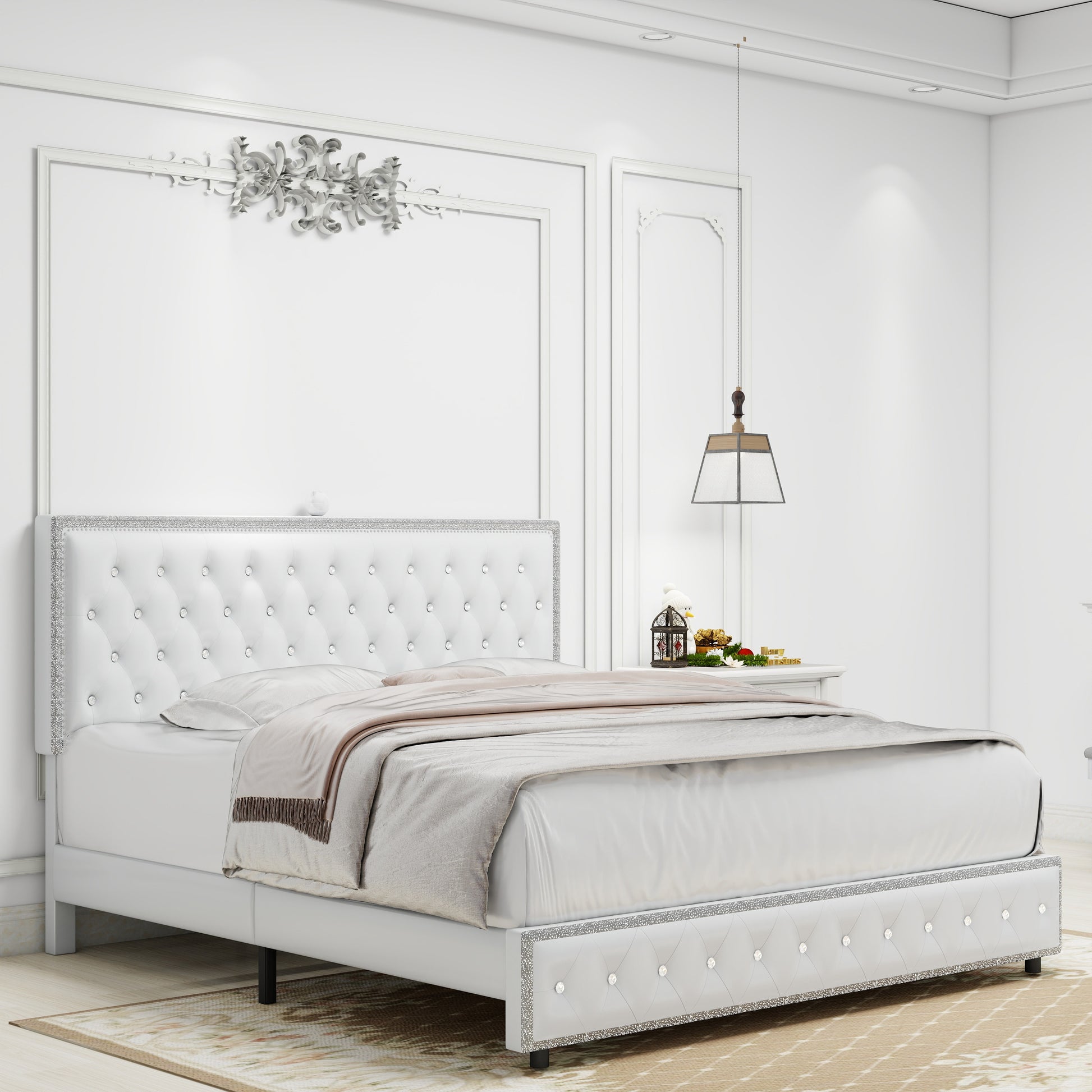 Queen Size Bed Frame With Star Projector Galaxy Light, Adjustable Upholstered Headboard With Diamond Button, Usb Charger, Music Speaker, Pu Leather White Pu Mdf Metal