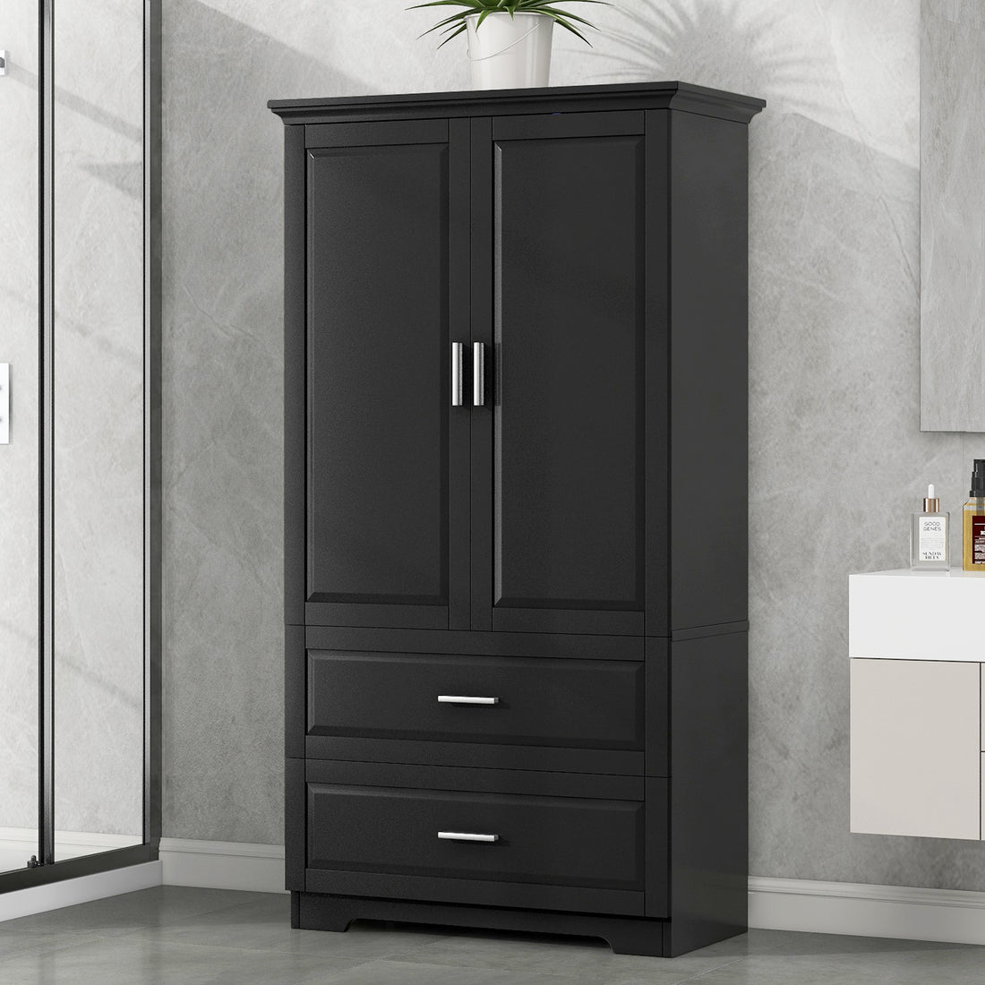 Tall Bathroom Storage Cabinet, Cabinet With Two Doors And Drawers, Adjustable Shelf, Mdf Board, Black Black Mdf