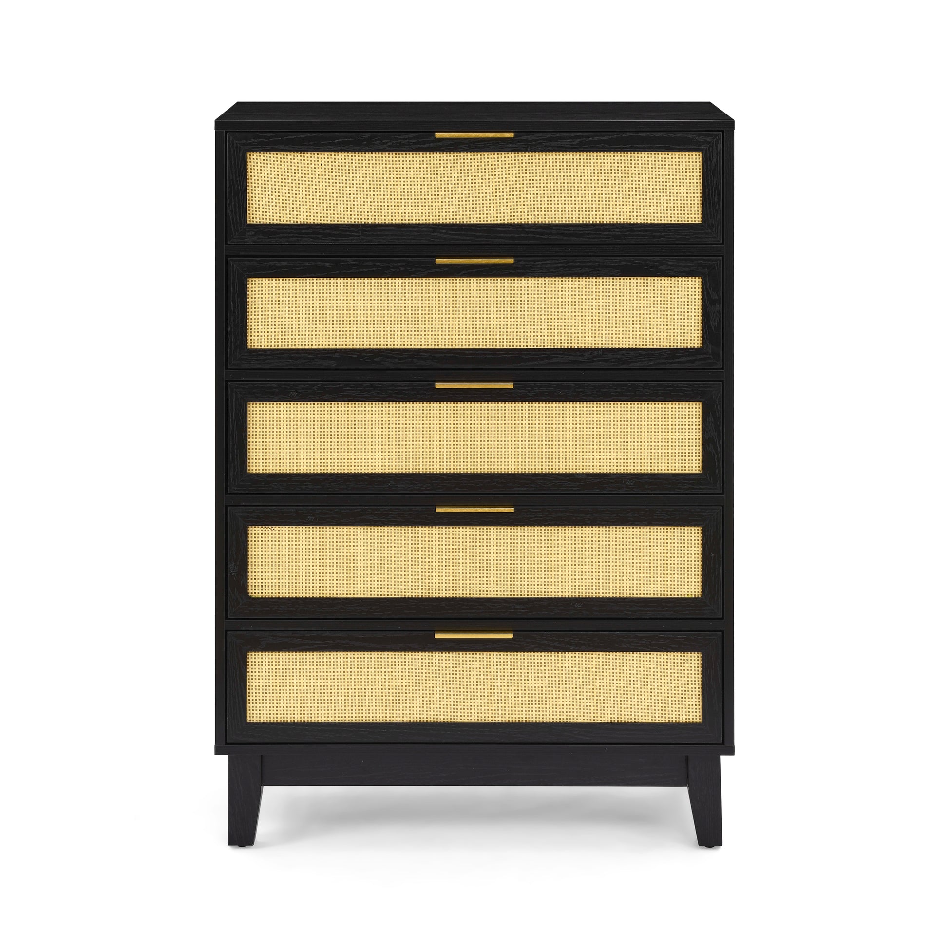 Bedroom 5 Drawer Dresser, Rattan Dresser Modern Wooden Chest Of Drawers With Spacious Storage Space For Bedroom Hallway Living Room Black Solid Wood Mdf