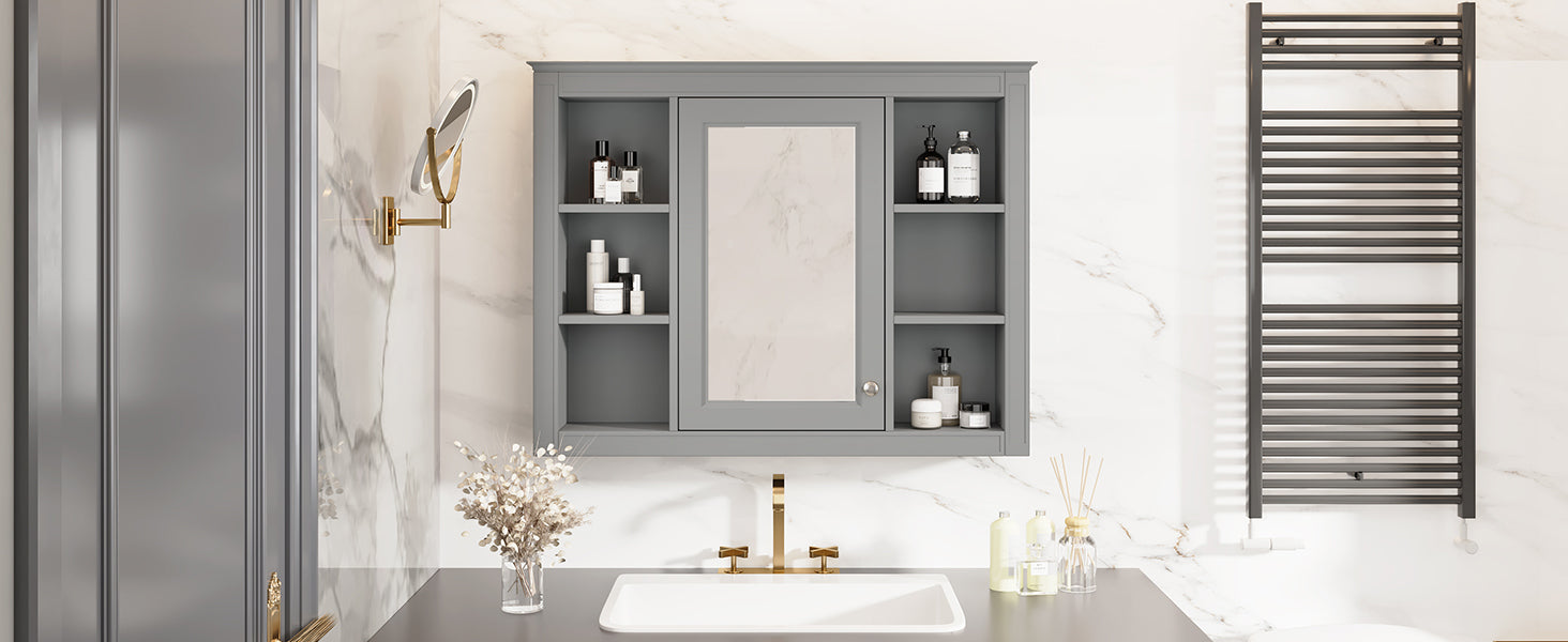 35'' X 27.5'' Medicine Cabinet, Wall Mounted Bathroom Storage Cabinet, Modern Bathroom Wall Cabinet With Mirror, Mirror Cabinet With 6 Open Shelves Not Include Bathroom Vanity Grey 1 5 Mirror Included Bathroom Wall Mounted Mdf Painted