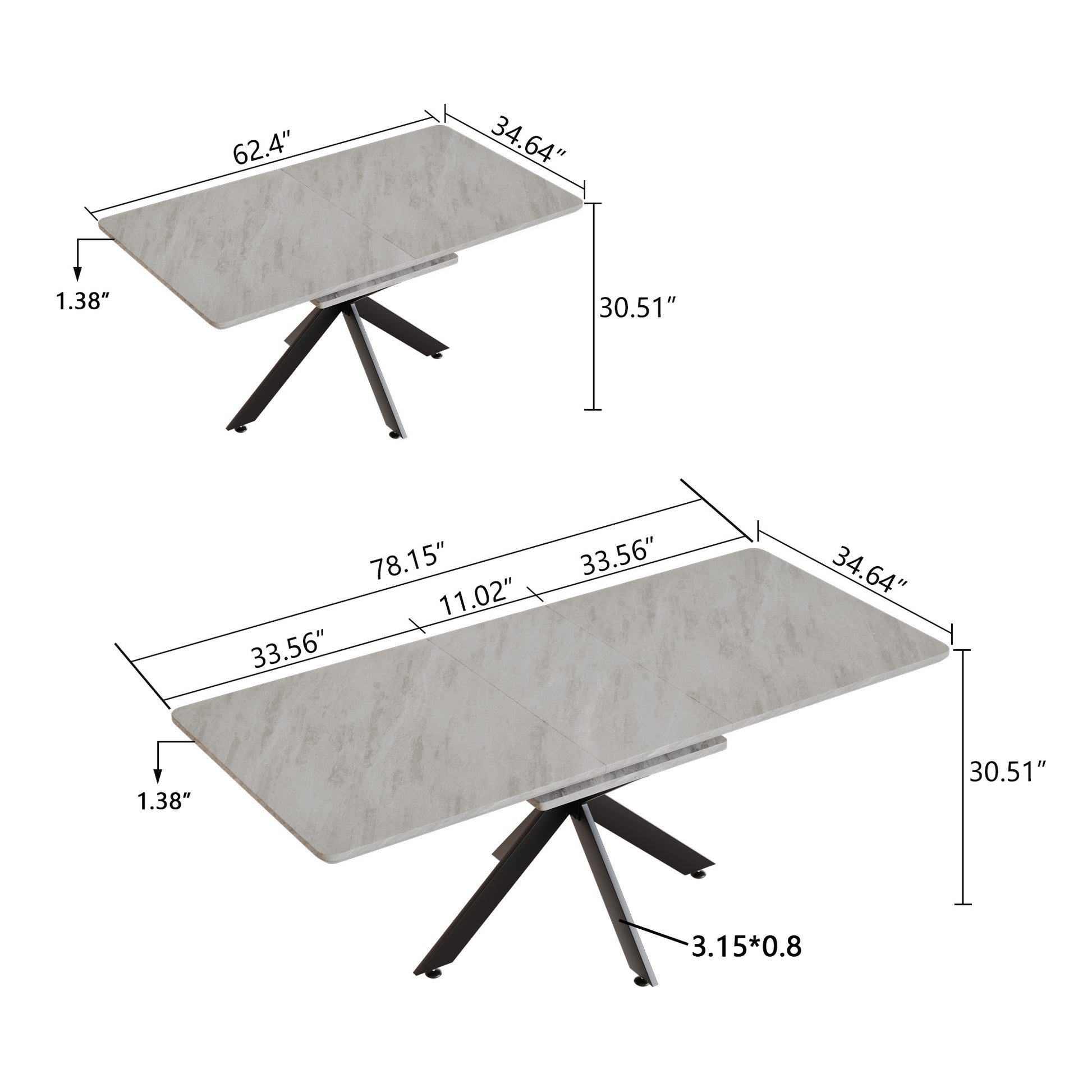 62.4" Extendable 78.15" Dining Table Set For 6 8 Person For Dining Room,C Shaped Tube Soft Padded Armless Dining Chair And Very Large Dining Room Table Kitchen Table Chair Set With Metal Legs Gray