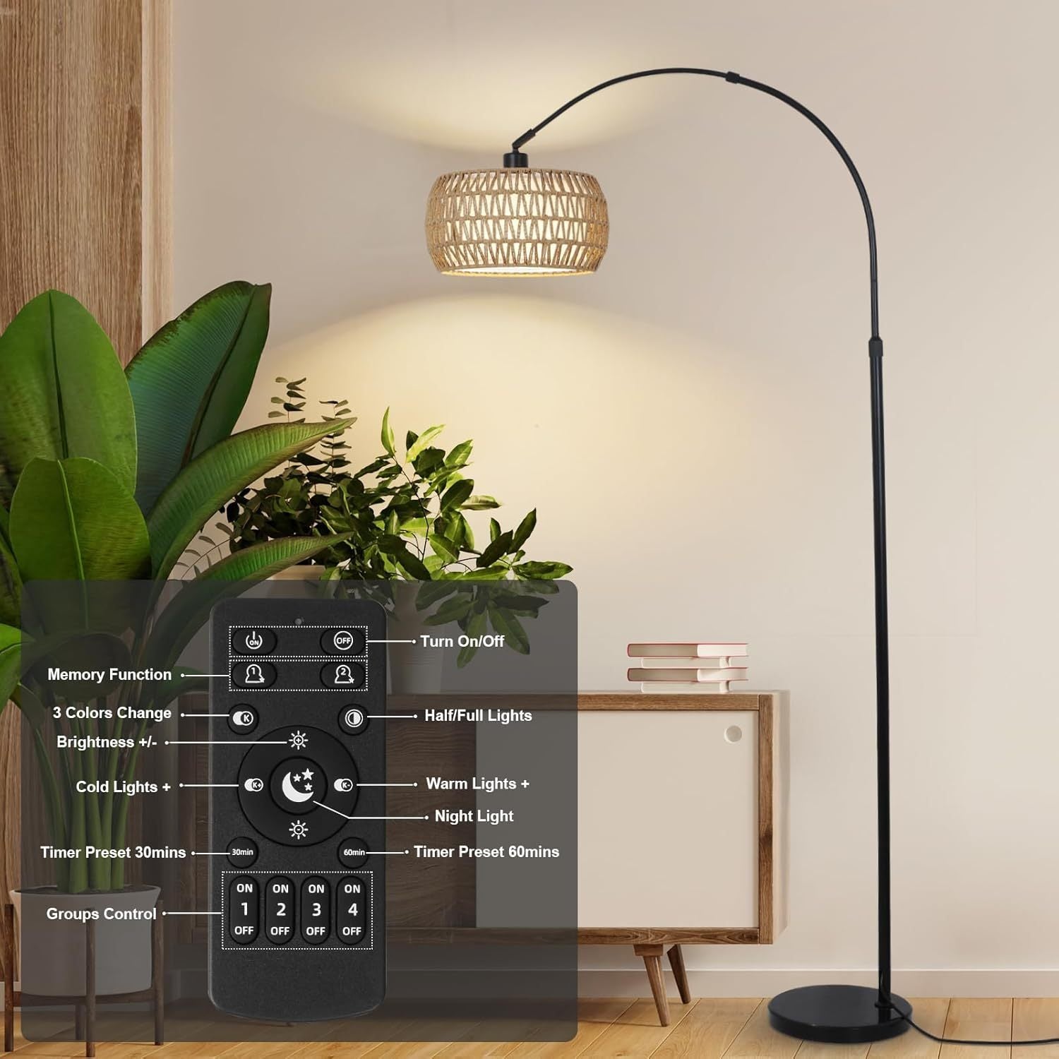 Arc Floor Lamps For Living Room With 3 Color Temperatures, Black Standing Lamp With Remote & Dimmable Led Bulb, Rattan Boho Floor Lamp, Farmhouse Tall Lamp For Bedroom, Over Couch Arched Reading Light Brown Black Rattan Metal