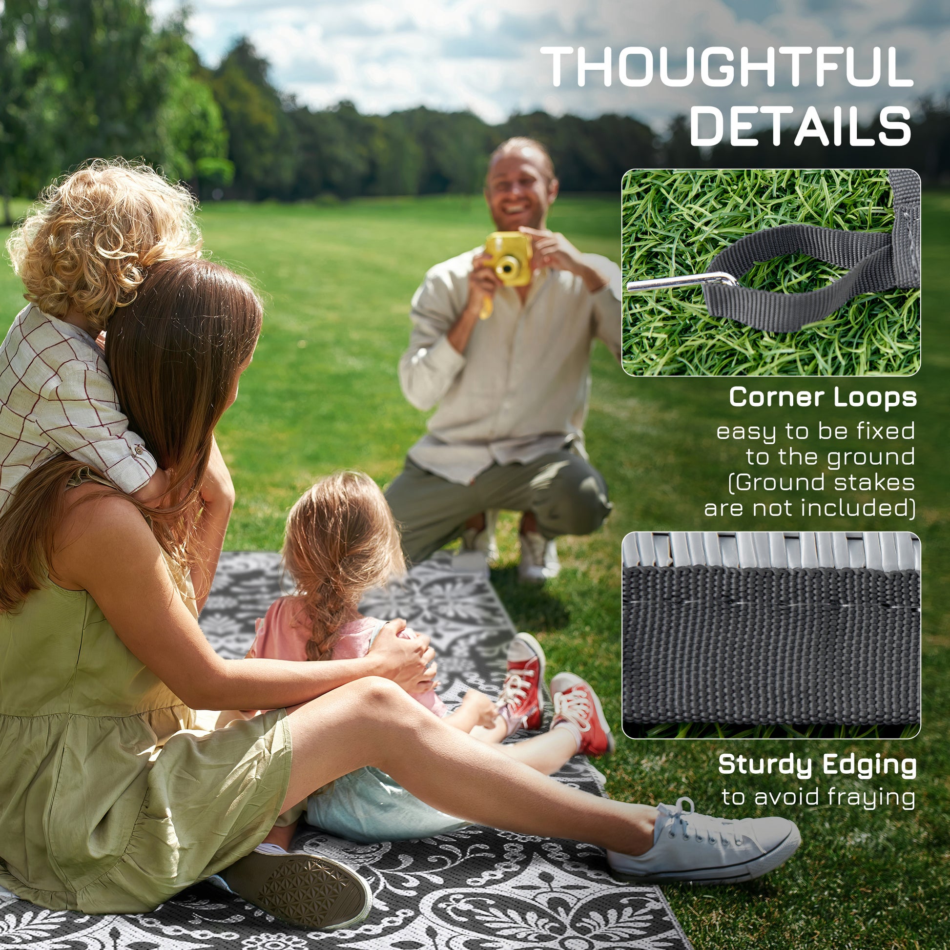 Outsunny Reversible Outdoor Rug, 9' X 18' Waterproof Plastic Straw Floor Mat, Portable Rv Camping Carpet With Carry Bag, Large Floor Mat For Backyard, Deck, Picnic, Beach, Gray & White Floral Multicolor Polypropylene
