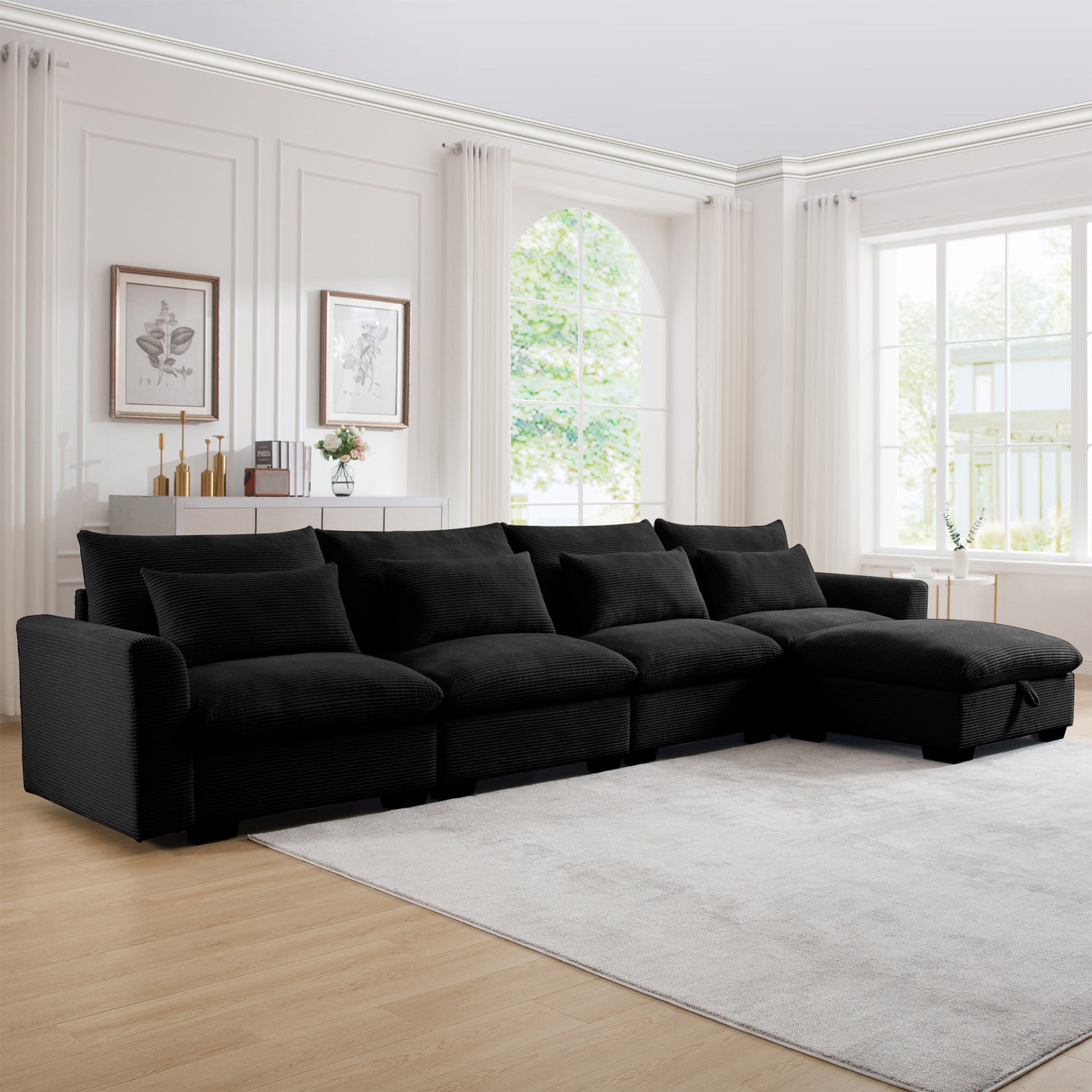 Large L Shape Sectional Corduroy Sofa,Deep Seat Couch With Storage Footstool And 4 Waist Pillows, Black Black Corduroy 4 Seat