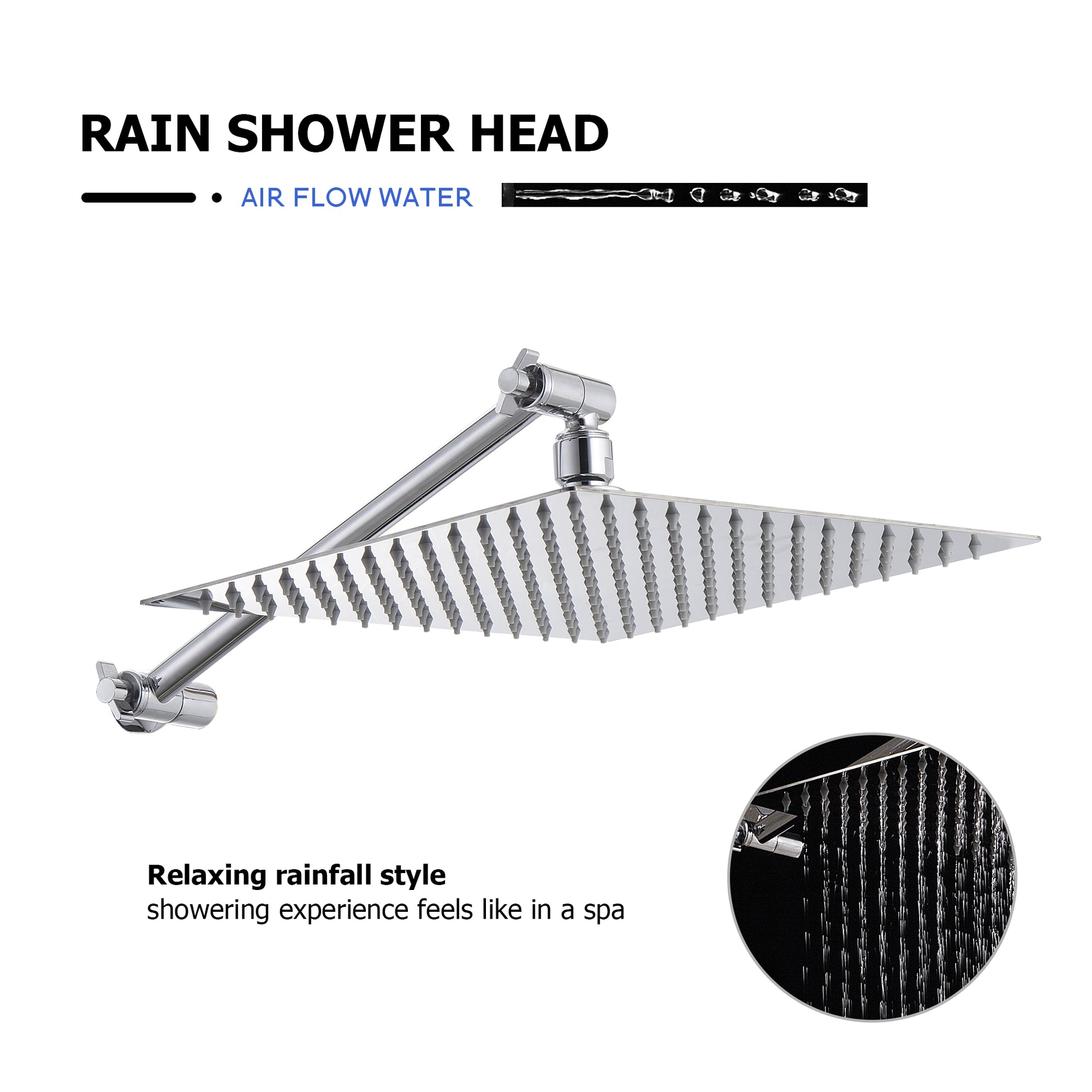 Rain Shower Head With Shower Arm 12 Inch Square, Chrome Chrome Stainless Steel