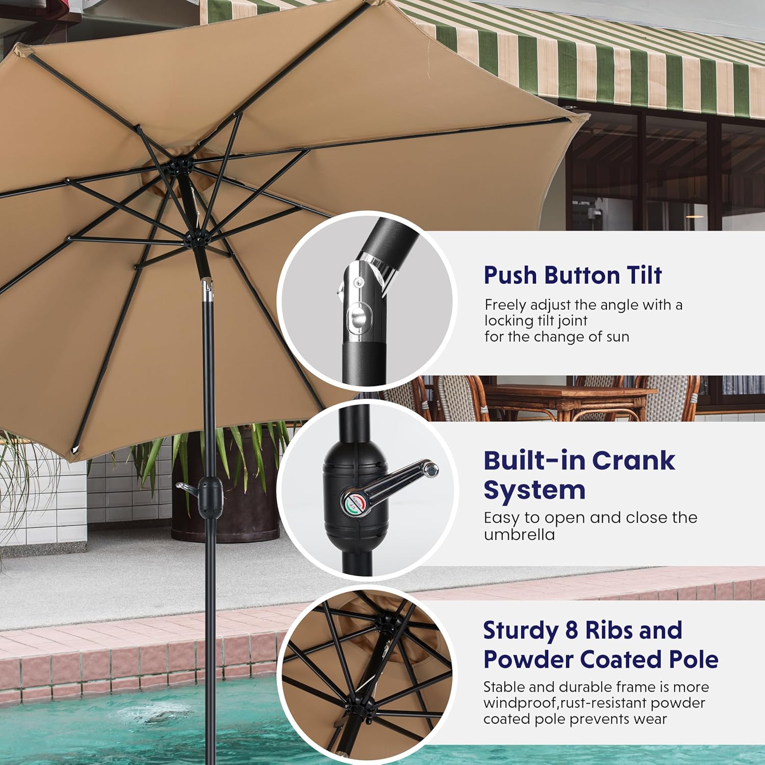 9Ft Outdoor Patio Umbrella With 8 Ribs, Table Umbrellas With Push Button Tilt Crank, Uv Protection Waterproof For Garden Deck Backyard Pool, Khaki Khaki Stainless Steel