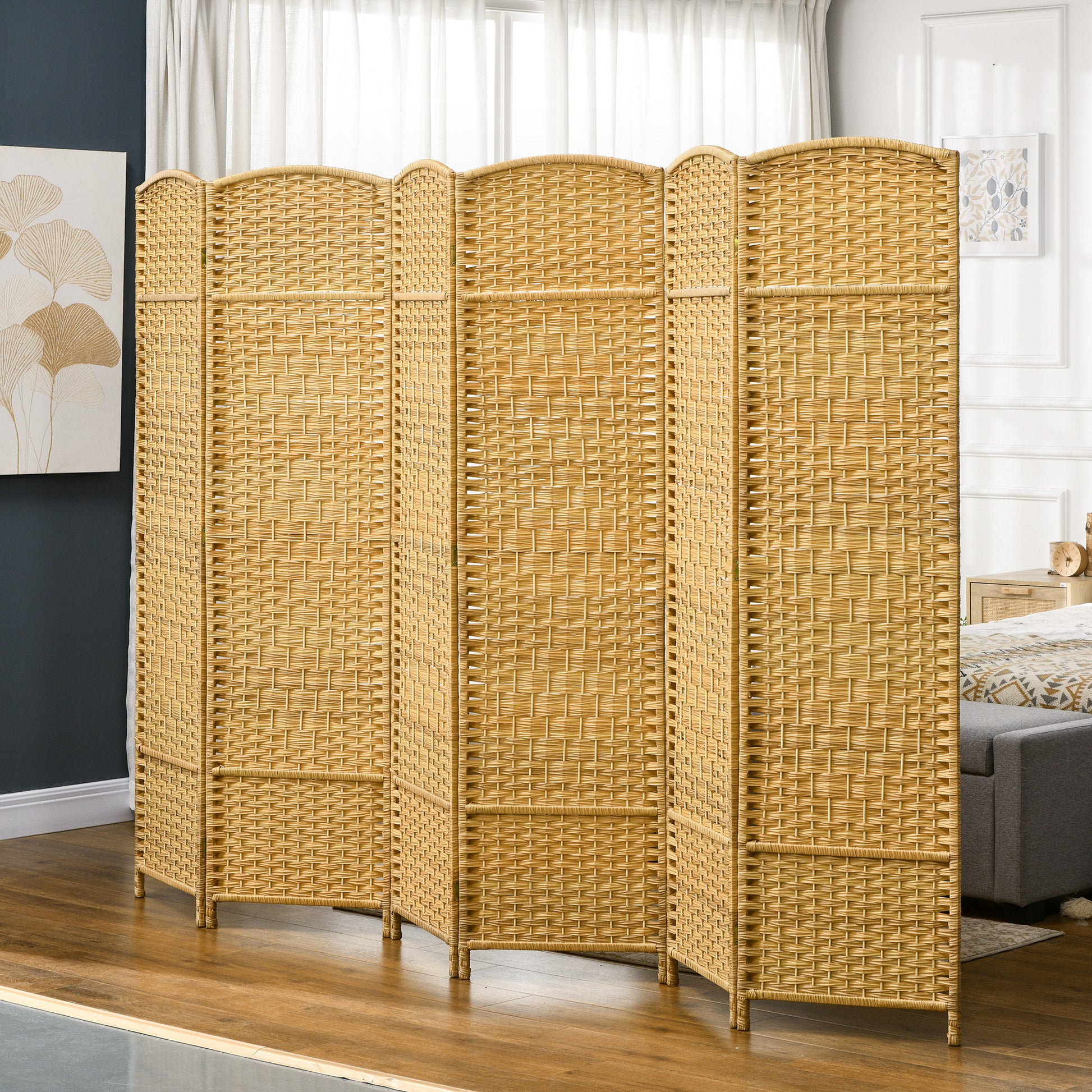 Homcom 6 Panel Room Divider, 6' Tall Folding Privacy Screen, Hand Woven Freestanding Wall Partition For Home Office, Bedroom, Nature Wood Natural Wood Polypropylene