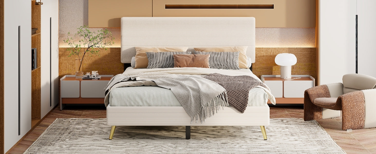 Queen Size Corduroy Upholstered Bed Frame, Platform Bed With Horizontal Stripe Headboard, No Box Spring Needed, Beige Queen Beige Bed Frame Solid Wood Mdf