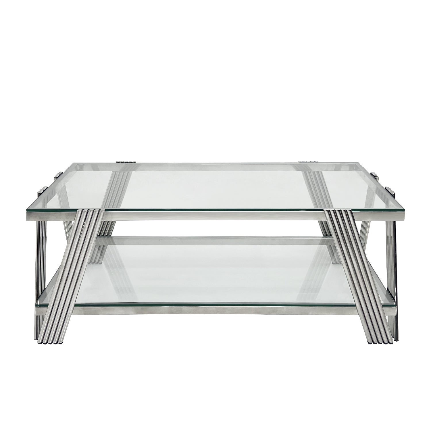 47" Wide Rectangle Modern Stainless Steel Coffee Table, Double Layer Clear Tempered Glass Coffee Table, Center Table With Storage, For Living Room Home Office, Easy Assembly, Silver Clear,Silver