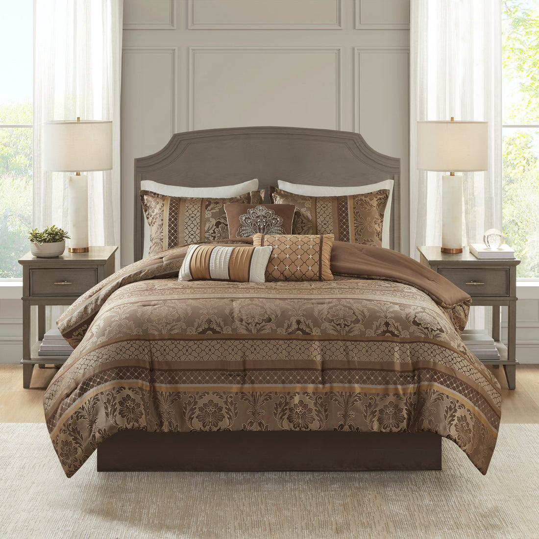 7 Piece Jacquard Comforter Set Brown Gold Cal King California King Brown Gold Polyester