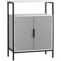 Homcom Storage Cabinet With Open Shelf And Double Door Cupboard, Accent Cabinet With Herringbone Panel And Steel Frame, Gray Grey Mdf