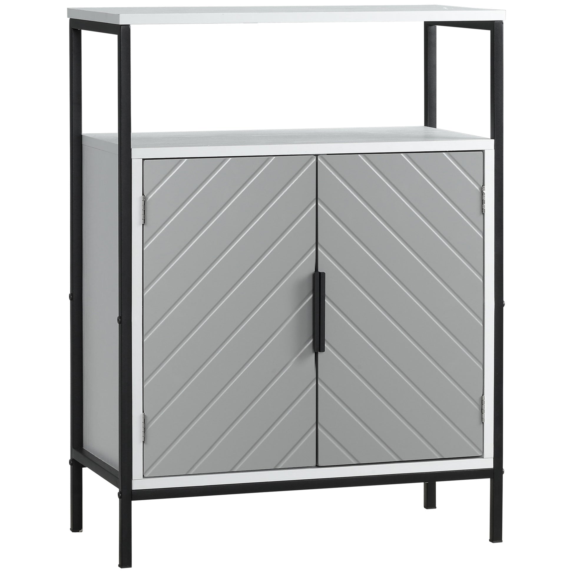 Homcom Storage Cabinet With Open Shelf And Double Door Cupboard, Accent Cabinet With Herringbone Panel And Steel Frame, Gray Grey Mdf