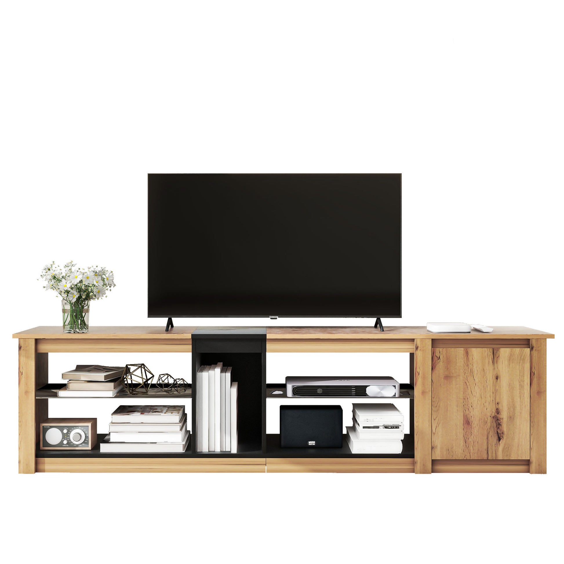 Moderntv Stand For Tvs Up To 80''Media Console With Multi Functional Storage, Entertainment Center With Led Light, Tv Cabinet For Living Room,Bedroom Black Natural 70 79 Inches 70 79 Inches 70 Inches Particle Board