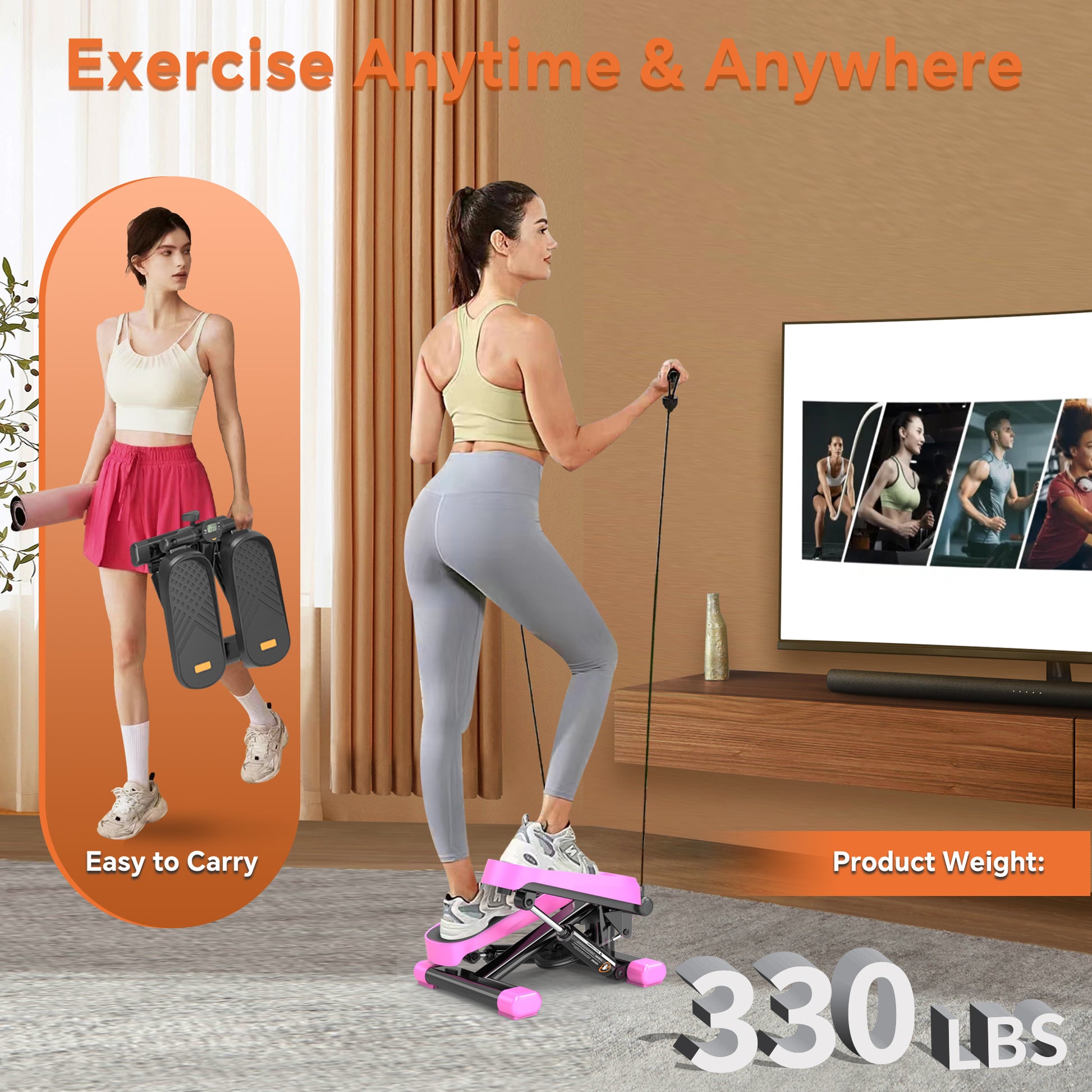 Home Office Exercise 330Lbs Capacity Mini Stepper With Resistance Bands And Lcd Monitor Pink Black Steel