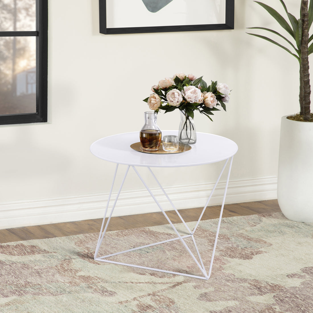 White Geometric Metal Base Accent Table White Primary Living Space Modern Round Metal Sled