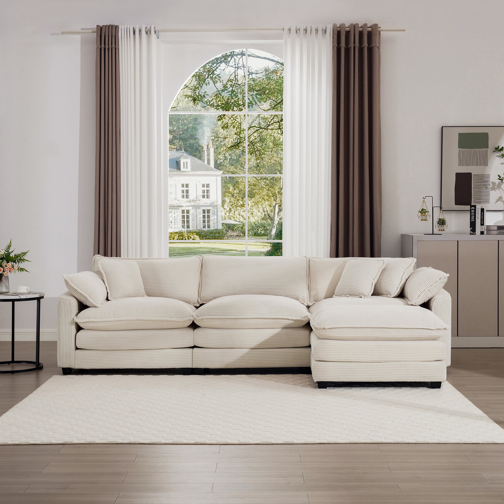Sectional Sofa Modular Deep Seat 3 Seat Sofa Couch With Ottoman,Comfy Upholstered Furniture For Living Room,Light Beige Corduroy Sofa Beige Corduroy 3 Seat