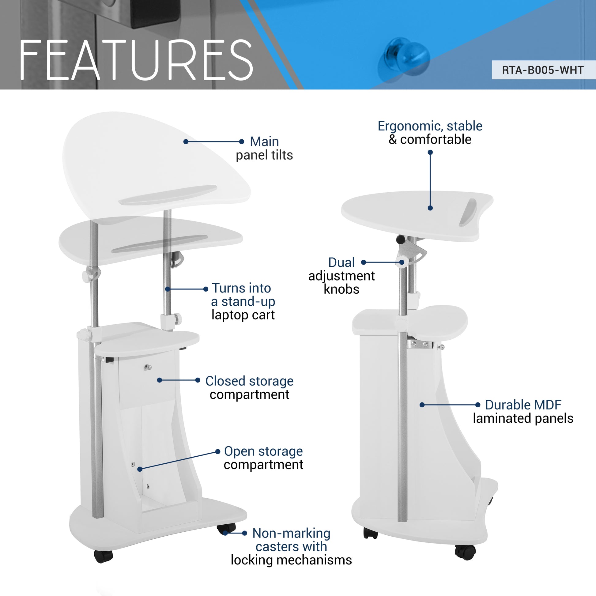 Techni Mobili Sit To Stand Rolling Adjustable Laptop Cart With Storage, White White White Standing Desk Converter Office Modern Manual Floor Mount Rectangular Mdf Steel