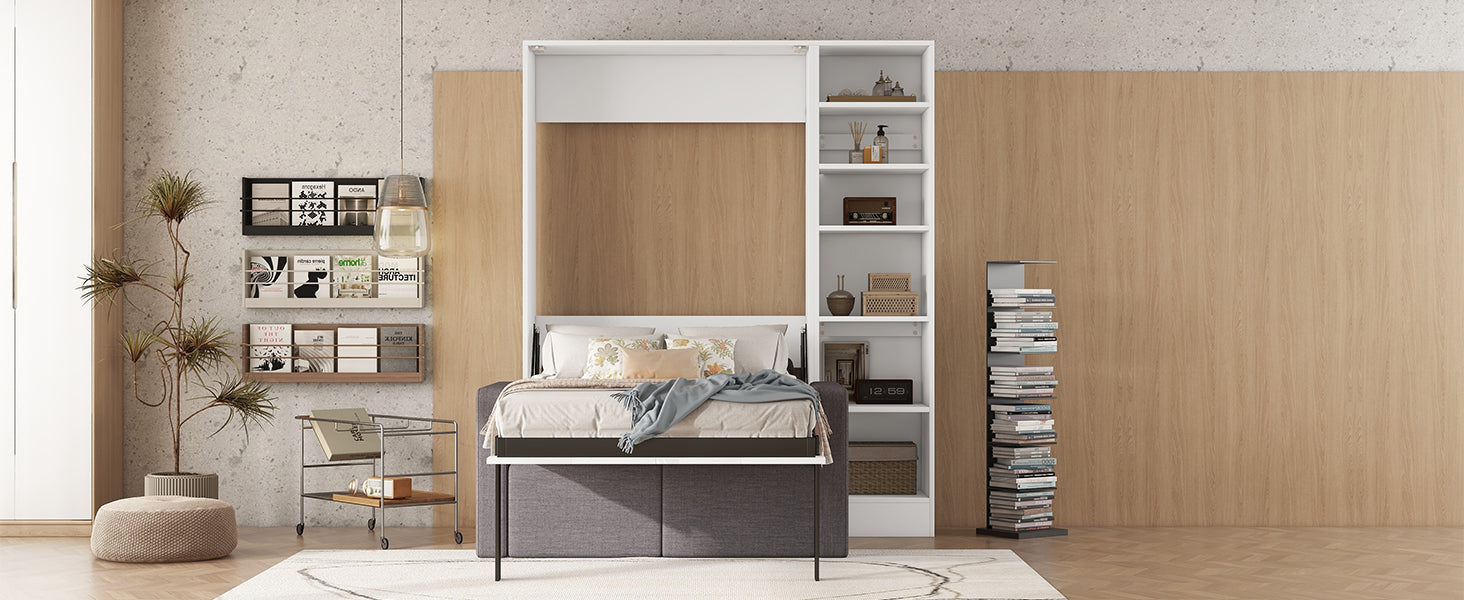 Twin Size Murphy Bed Wall Bed With Sofa,With Shelves,White Twin White Plywood