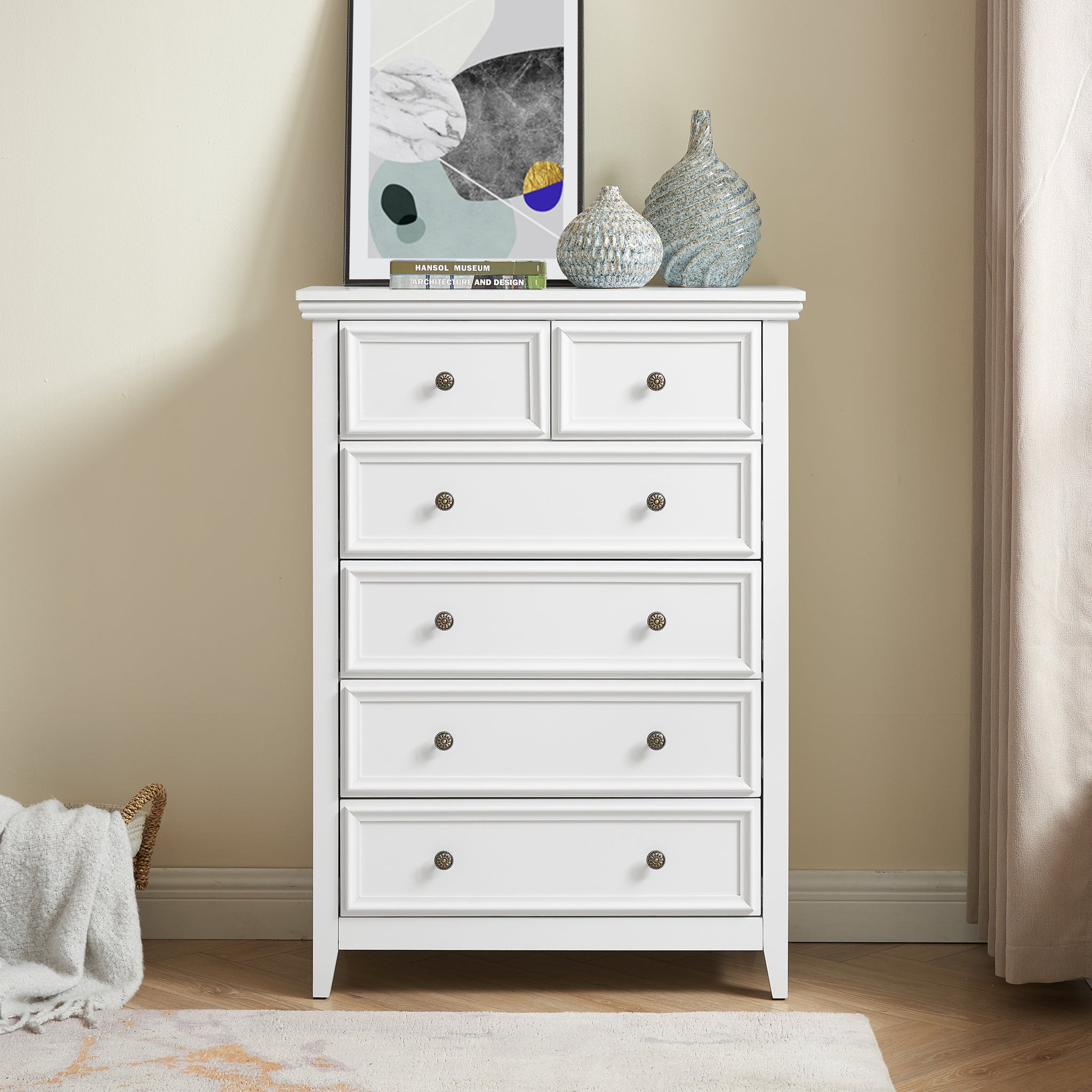 Modern 6 Drawers Dresser 6 Drawers Cabinet,Chest Of Drawers Closet Organizers And Storage Clothes Storage Drawers Cabinet For Living Room, Farmhouse Dresser Organizer White White Mdf