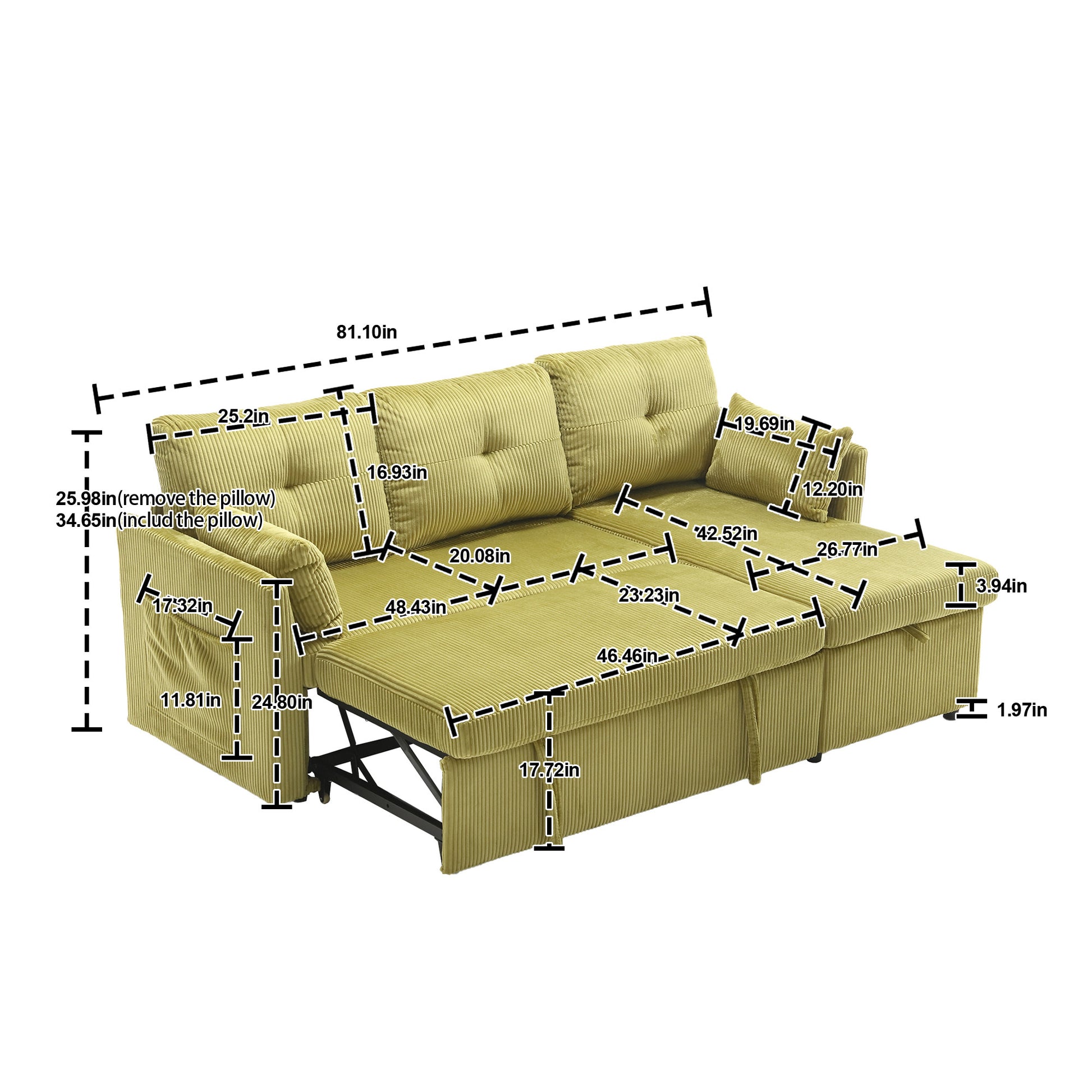United We Win Furniture, Modular L Shaped Sofa, Modular Long Sofa With Reversible Chaise Lounge, Sofa Bed, Sleeper Sofa, Modular Sofa Combination With Storage Seats. Olive Velvet 3 Seat