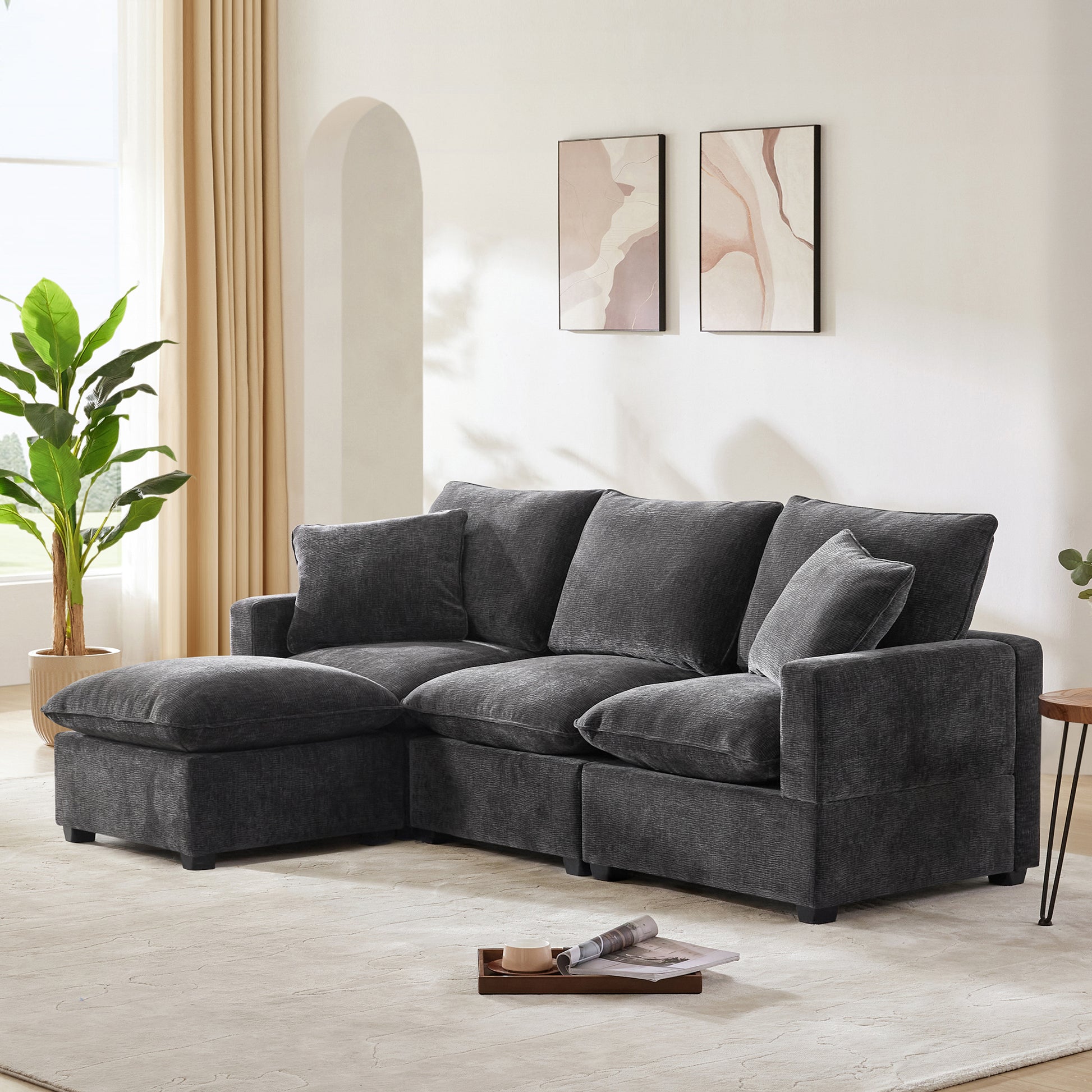 84*57" Modern Modular Sofa, 4 Seat Chenille Sectional Couch Set With 2 Pillows Included, Freely Combinable Indoor Funiture For Living Room, Apartment, Office, 2 Colors Black Grey Chenille 4 Seat