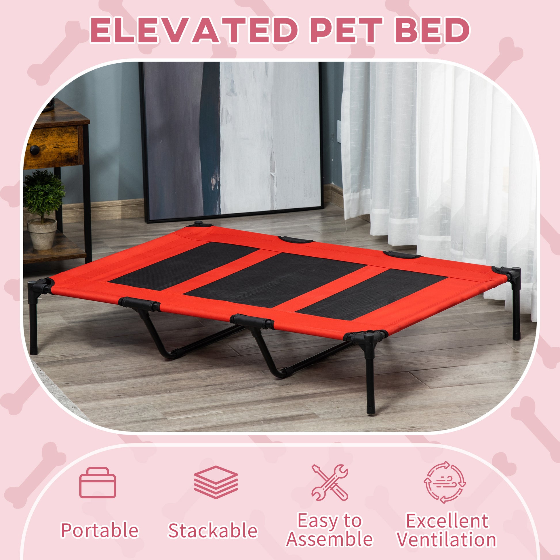 Pawhut 48" X 36" Elevateddog Bed Portable Pet Cot W Carry Bag Metal Framemesh Indoor And Outdoor Red Red Metal