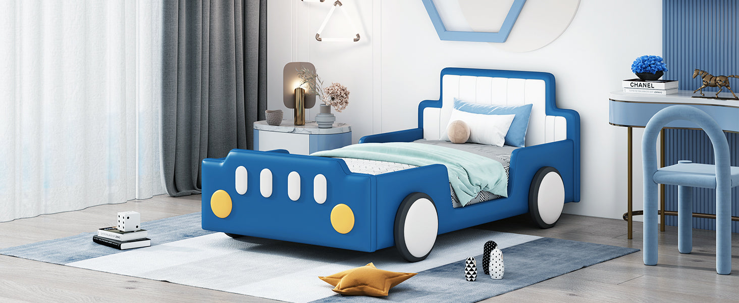 Twin Size Race Car Shaped Platform Bed With Wheels,Blue Twin Blue Pu Leather