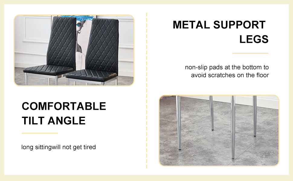 Table And Chair Set.Large Modern Rectangular Table With Brown Glass Top And Silver Metal Legs. Paired With 6 Black Chairs With Checkered Armless High Back Pu Cushion And Silver Metal Legs. Black,Silver Seats 6 Glass Metal